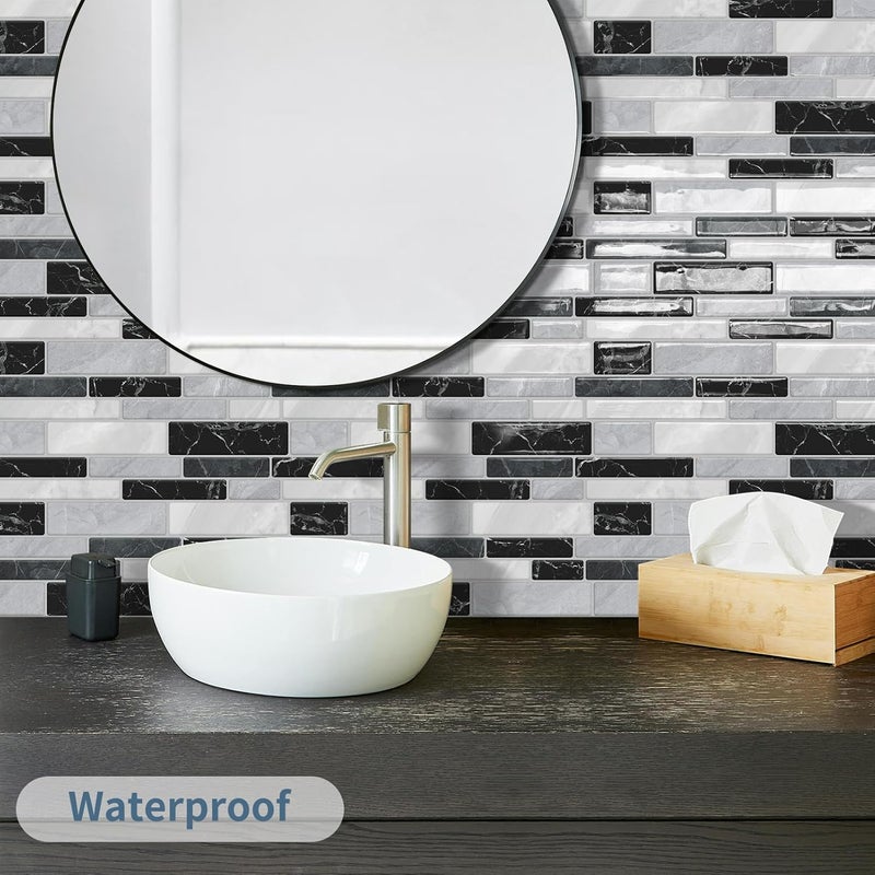 DEWOO Kitchen Backsplash Self Adhesive Wall 3D Marble Tiles Peel and Stick Bathroom, Black Mosaic (10-Sheet, 12"×12") - Image 4